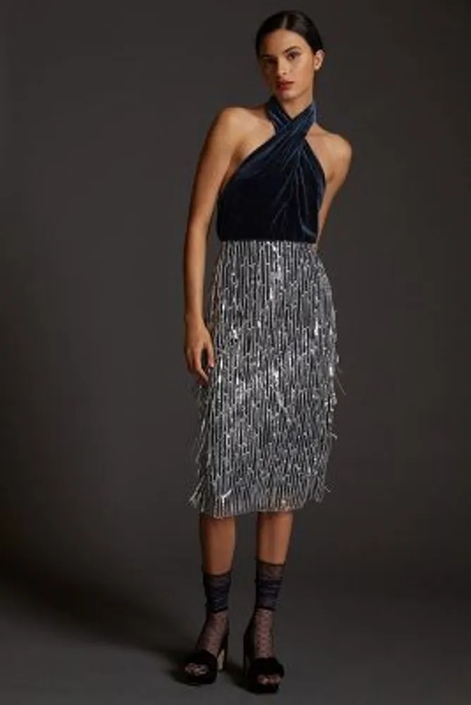 Maeve Fringed Sequined Midi Skirt