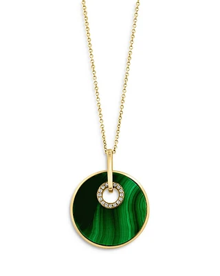 Malachite & Diamond Medallion Pendant Necklace in 14K Yellow Gold, 16-18"