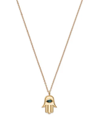14K Yellow Gold Blue Topaz Marquis Hamsa Hand Pendant Necklace, 16-18"
