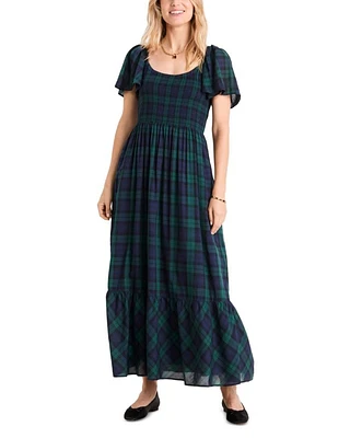 Plaid Flutter Sleeve Maxi Dress
