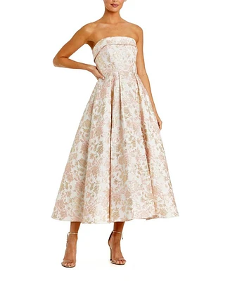 Strapless Floral Brocade A Line Midi Dress