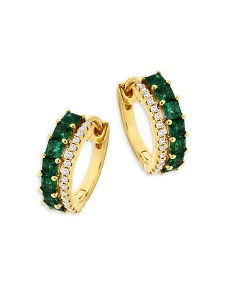 Emerald & Diamond Huggie Hoop Earrings in 14K Gold