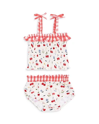 Girls' Watercolor Cherries Gingham Smocked Ruffle Top & Bloomer Set - Baby