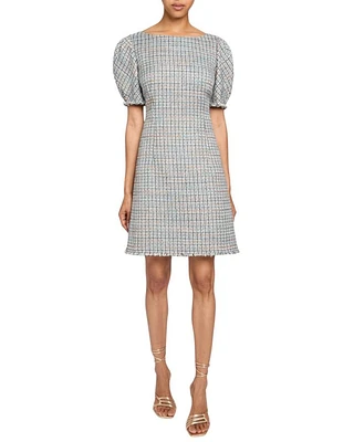 Violet A-Line Shift Dress with Puff Sleeves Luxury Tweed Lurex