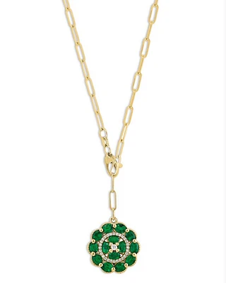 Emerald & Diamond Medallion Pendant Necklace in 14K Yellow Gold, 18"