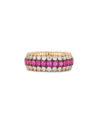 18K Rose Gold Ruby & Diamond Triple Row Stretch Ring