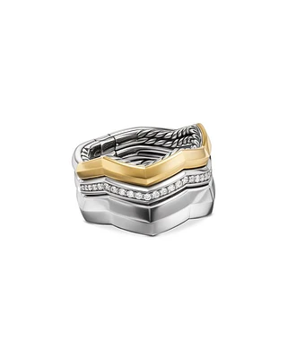 Stax Zig Zag Three Row Ring Sterling Silver with 18K Yellow Gold and Diamonds, 11.7mm