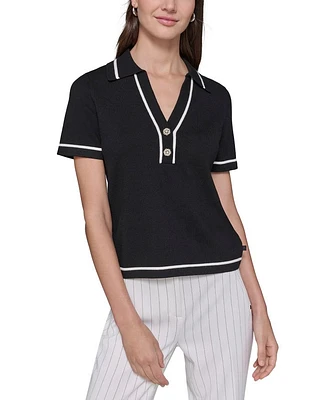 Collared V-Neck Short Sleeve Sweater