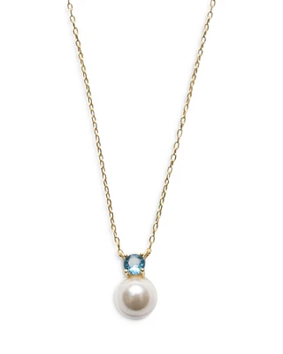 Blue Cubic Zirconia & Cultured Freshwater Pearl Necklace in 18K Gold Plated Sterling Silver, 18"