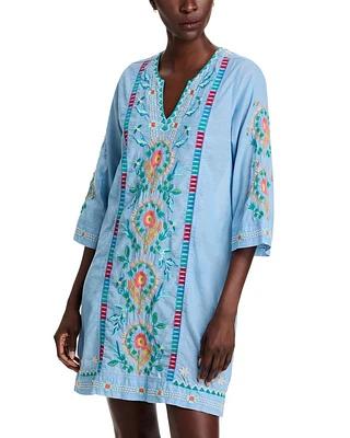 Embroidered Split Neck Swing Dress