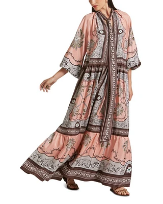 Athena Silk Hand Printed Tie Neck Dress