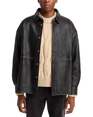 Regular Fit Washed Leather Shirt Jacket