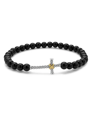 Men's 18K Yellow Gold & Sterling Silver Anthem Onyx Bead Cross Stretch Bracelet - Exclusive