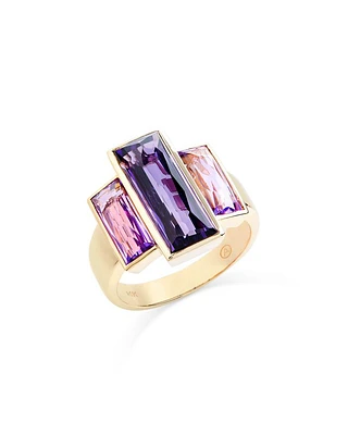 Amethyst & Pink Amethyst Three Stone Ring in 14K Yellow Gold