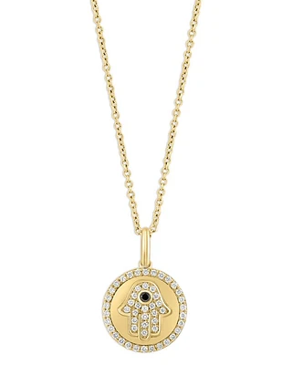 Black & White Diamond Hamsa Hand Pendant Necklace in 14K Yellow Gold, 18"