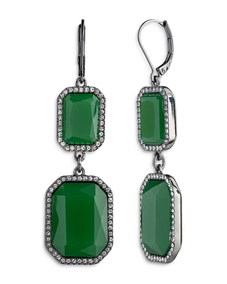Pavé & Green Stone Double Drop Earrings in Hematite Tone