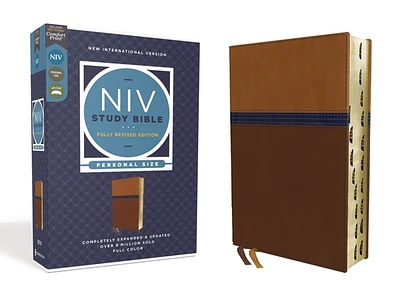 NIV Study Bible, Fully Revised Edition, Personal Size, Leathersoft, Brown/Blue, Red Letter, Thumb Indexed, Comfort Print (Imitation Leather)