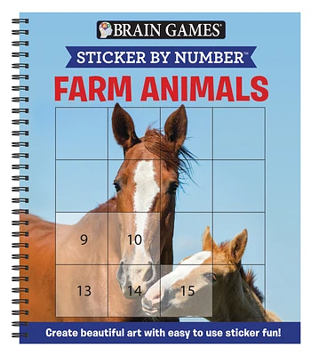 Brain Games - Sticker by Number: Farm Animals (Easy - Square Stickers): Create Beautiful Art with Easy to Use Sticker Fun! (Spiral)