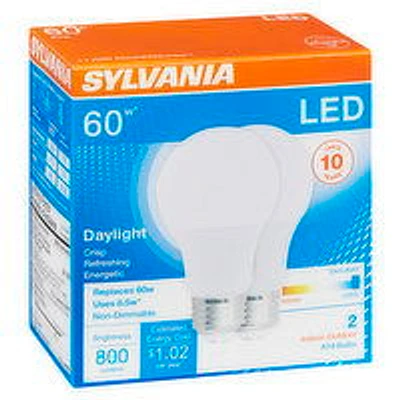 Sylvania - LED Daylight Cool 60W Non-Dimmable A19 Bulbs, 2 Each