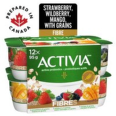 Activia - Probiotic Fibre Yogurt- Strawberry, Wildberry, Mango with Grains,, 12 Each