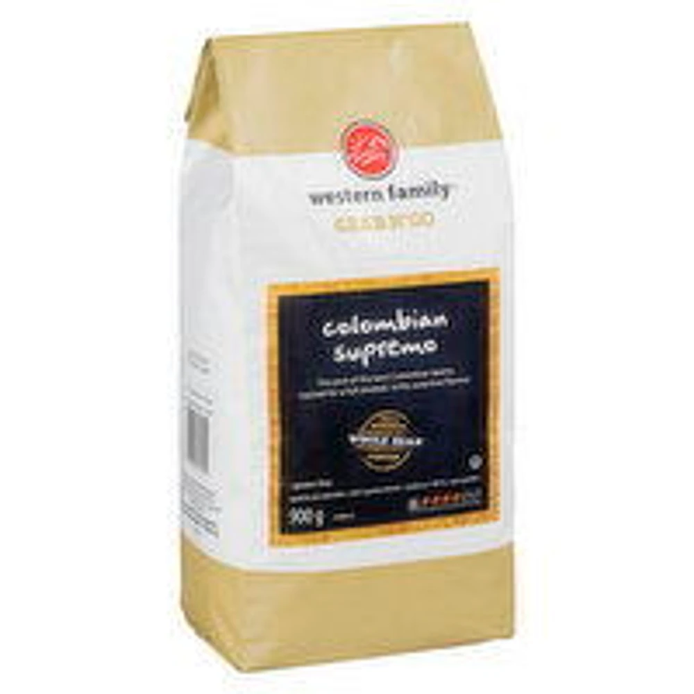 Western Family - Whole Bean Coffee, Colombian Supremo, 900 Gram