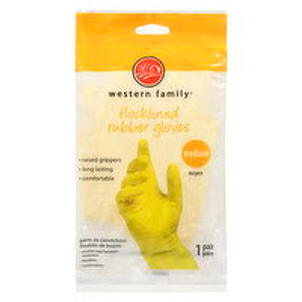 Western Family - Yellow Flocklined Rubber Gloves, Medium, 1 Each