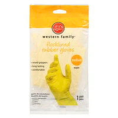 Western Family - Yellow Flocklined Rubber Gloves, Medium, 1 Each