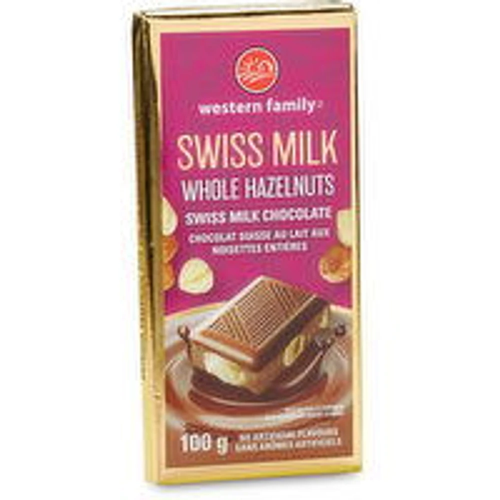 Western Family - Swiss Milk Chocolate Bar with Whole Hazelnuts, 100 Gram