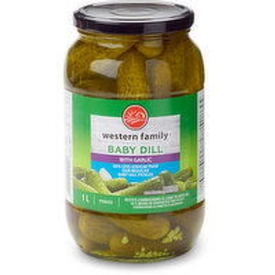 Western Family - Baby Dill Pickles with Garlic - 50% Less Sodium, 1 Litre