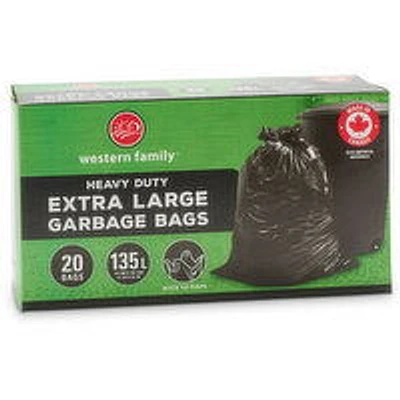 Western Family - Garbage Bags Heavy Duty Tie Flaps Black 135L, 20 Each