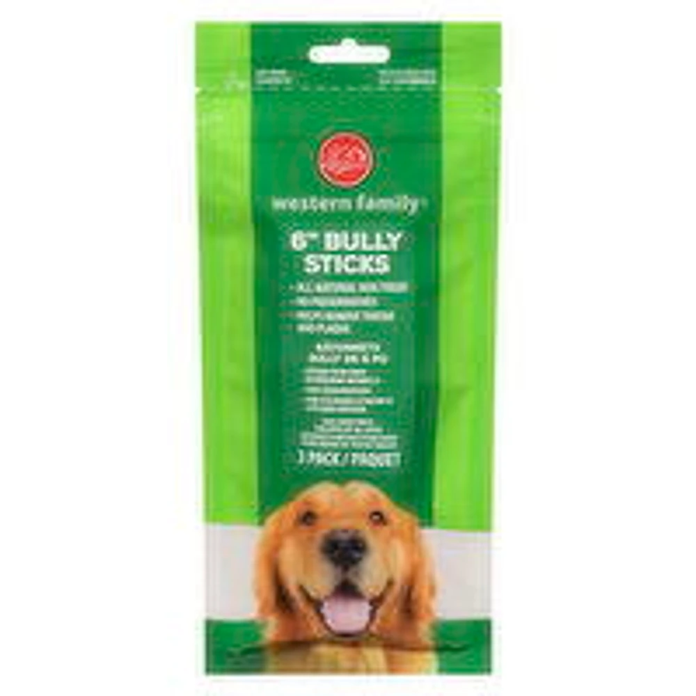 Western Family - Dog Treats - Natural 6" Bully Chew Sticks, 3 Each