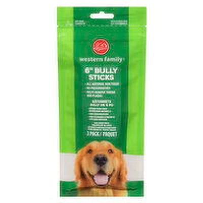 Western Family - Dog Treats - Natural 6" Bully Chew Sticks, 3 Each