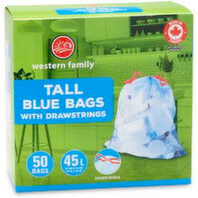 Western Family - Tall Blue Recycle Bags Drawstring 45L, 50 Each
