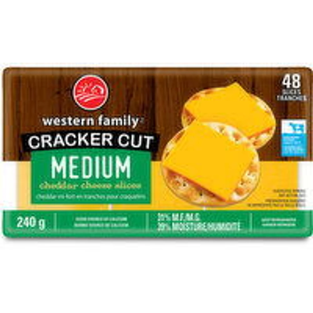 Western Family - Cracker Cut Medium Cheddar Cheese Slices, 48 Pack, 240 Gram