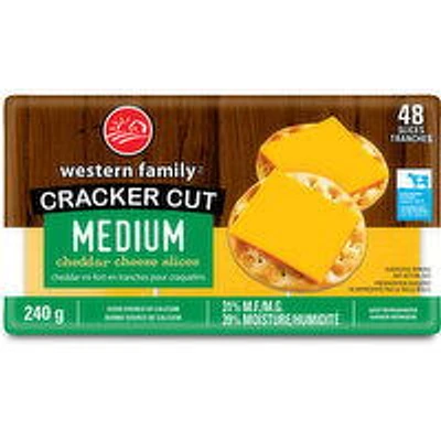 Western Family - Cracker Cut Medium Cheddar Cheese Slices, 48 Pack, 240 Gram