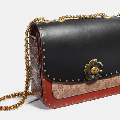 Madison Shoulder Bag In Signature Canvas With Rivets And Snakeskin Detail