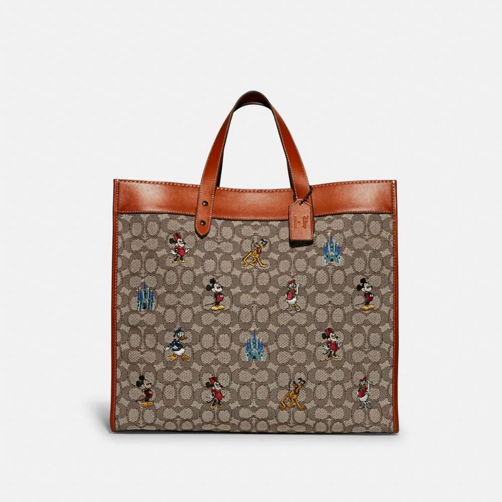 Disney X Coach Field Tote 40 In Signature Textile Jacquard With Mickey Mouse And Friends Embroidery