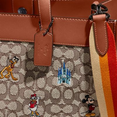 Disney X Coach Field Tote 40 In Signature Textile Jacquard With Mickey Mouse And Friends Embroidery