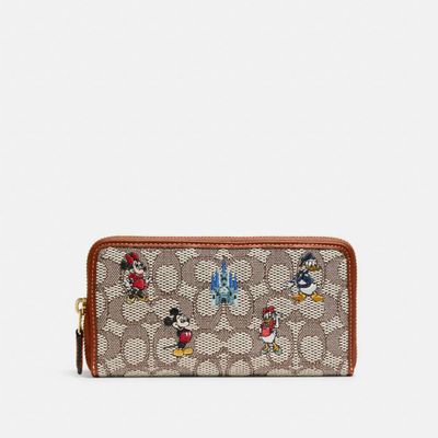 Disney X Coach Accordion Zip Wallet In Signature Textile Jacquard With Mickey Mouse And Friends Embroidery