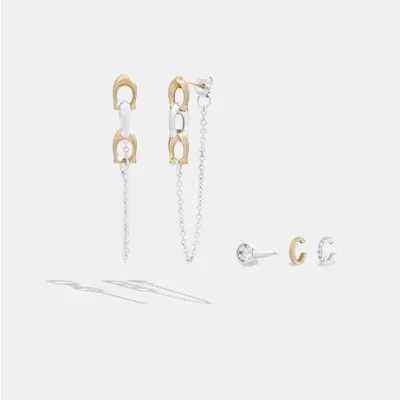 Signature Mixed Chain And Stacked Earrings Set
