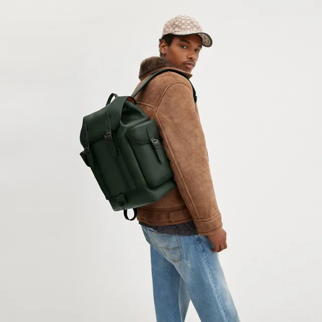 Coach Leather Hitch Backpack in Micro Signature Jacquard -  Green - Size