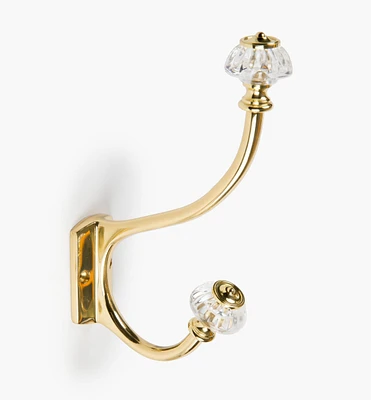 Brass Coat Hook with Victorian Crystal Knobs