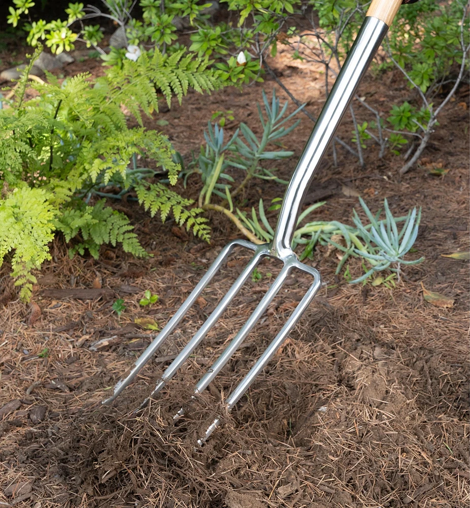 Fourche à bêcher en acier inoxydable à manche en bois