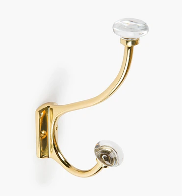 Brass Coat Hook with Crystal Knobs