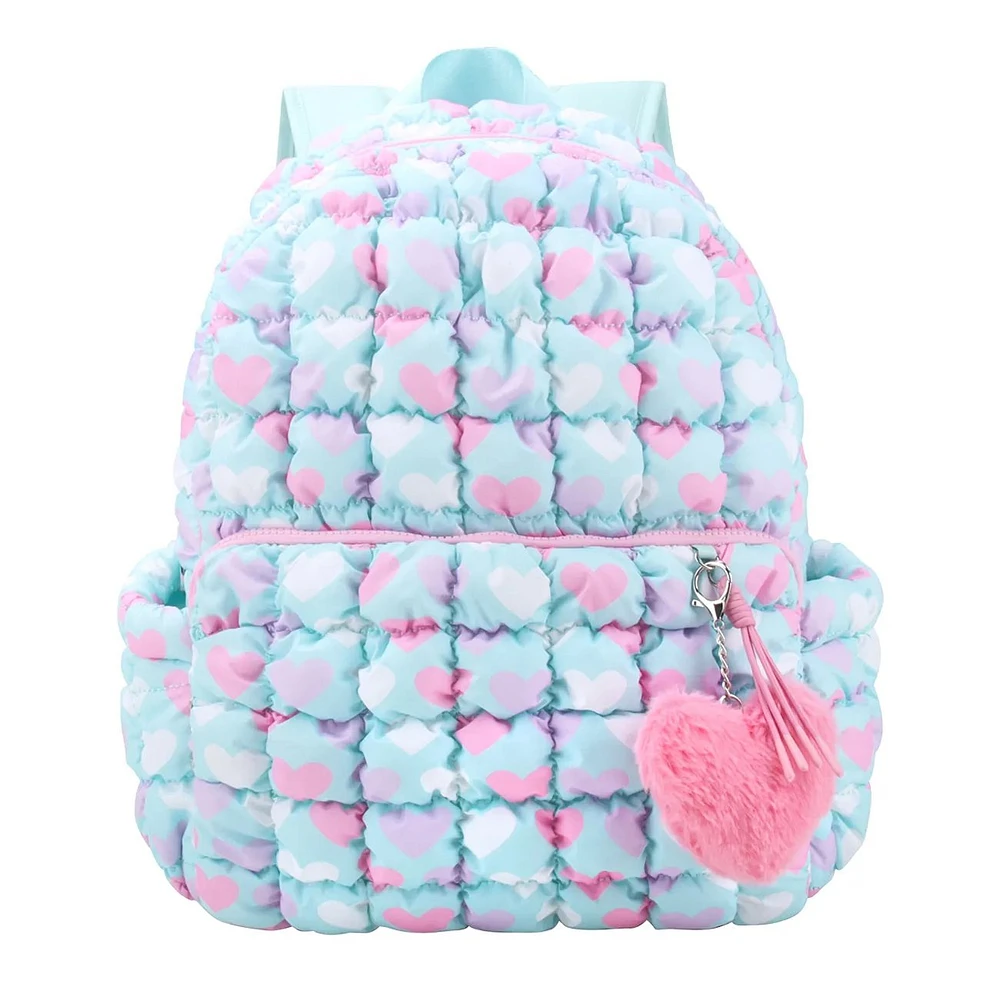 Heart Print Scrunch Backpack With Heart Charm
