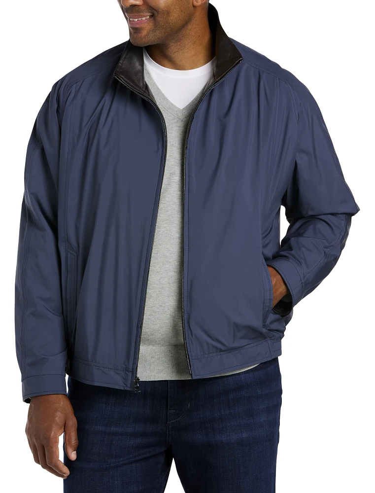 Leather-Trim Microfiber Bomber Jacket