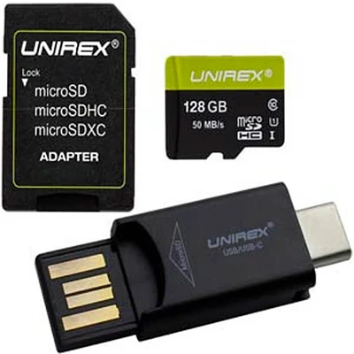 Unirex MTC128M 128GB MicroSD with USB Reader & SD Adapter | Electronic Express
