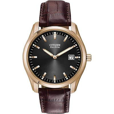 Citizen Mens Classic Eco-Drive Leather Watch - Rose Gold | Electronic Express