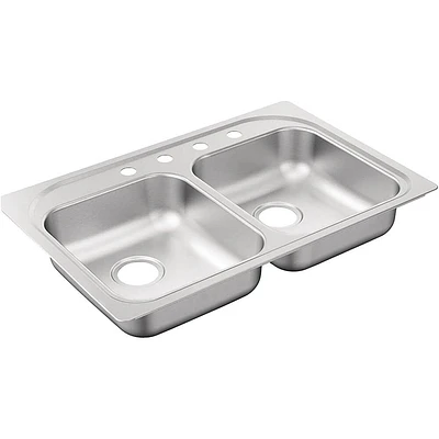 Drop-In Stainless Steel 33 in. 4-Hole Double Bowl Kitchen Sink | Electronic Express