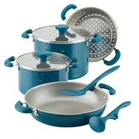 Rachael Ray 12167-OBX 8 Piece Aluminum Non Stick Cookware Set - Teal | Electronic Express